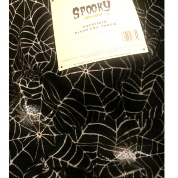 Halloween Spider Web Plush Throw Black White with Foil Silver Spiders - Picture 1 of 3